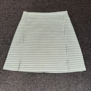 John Galt Mini Skirt Women’s Green White Plaid Stretch Front Slits Back Zipper